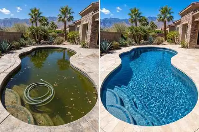 A green, leaf-filled backyard pool next to the same pool clean and blue