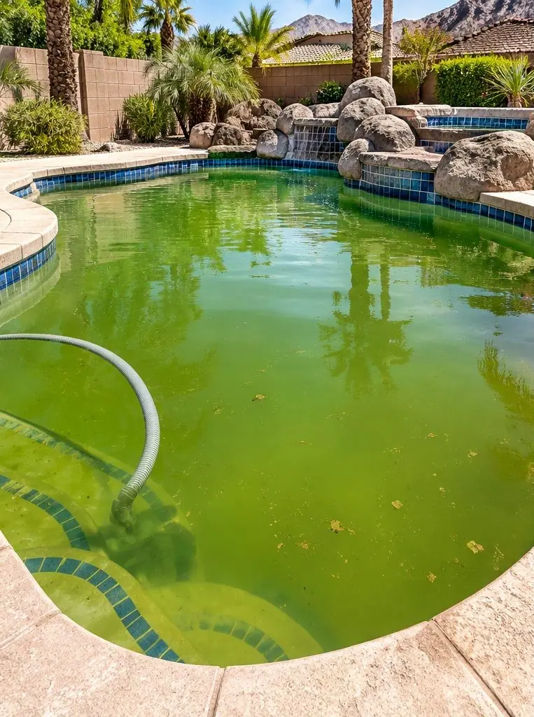 A green backyard pool full of algae