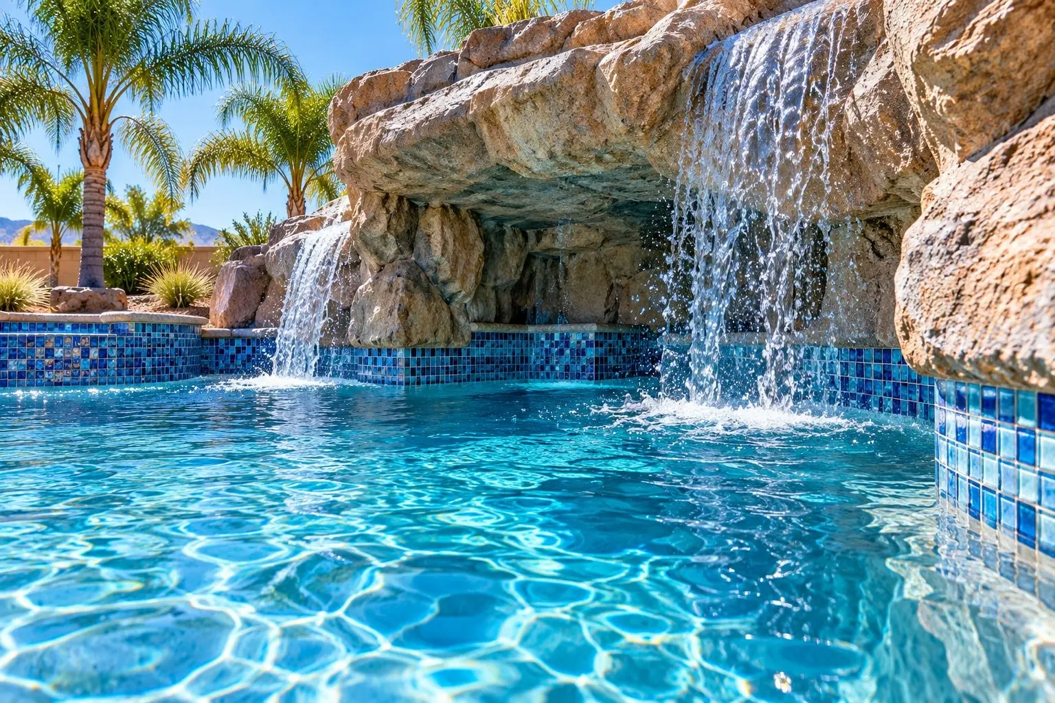 Rock grotto waterfall pouring into a pool lined with blue glass tile