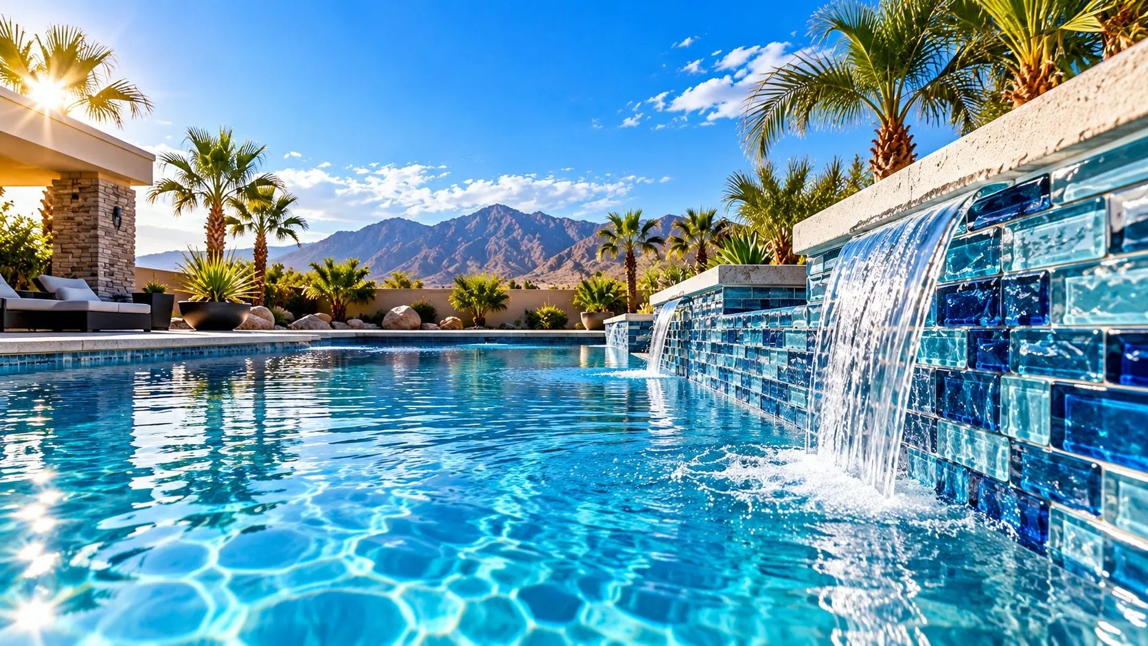Backyard pool with a waterfall wall of blue glass tile, palm trees and desert mountains behind it