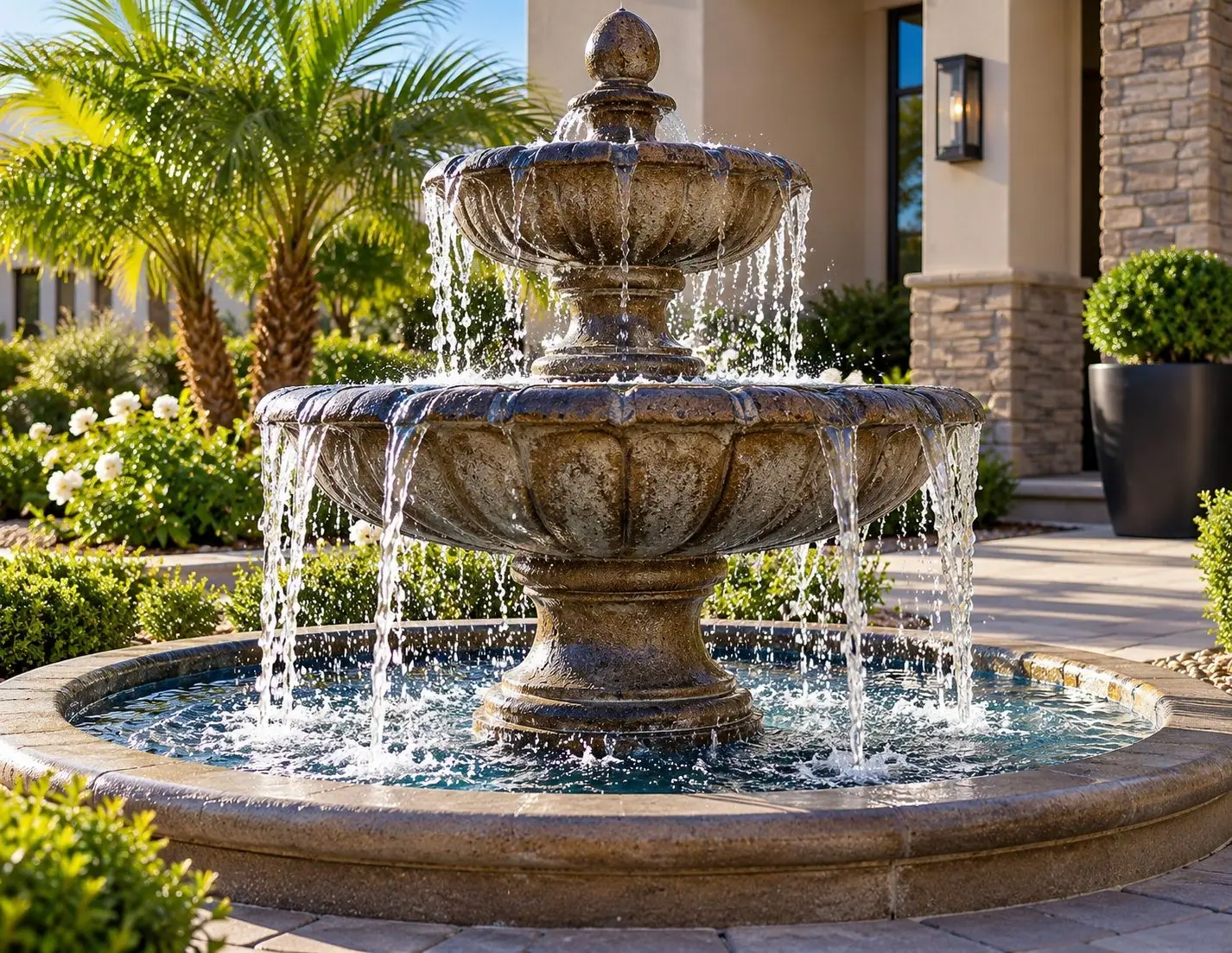 Tiered stone fountain running in a front courtyard