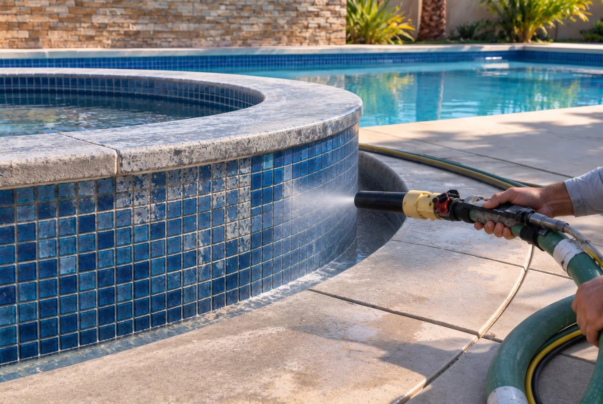 Blasting calcium off blue tile along a raised spa wall with a media blasting nozzle